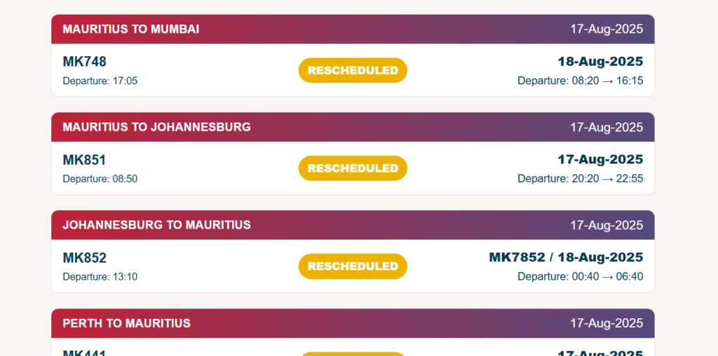 Air Mauritus flight resheduled