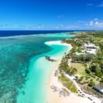 An aerial view of a beach and ocean