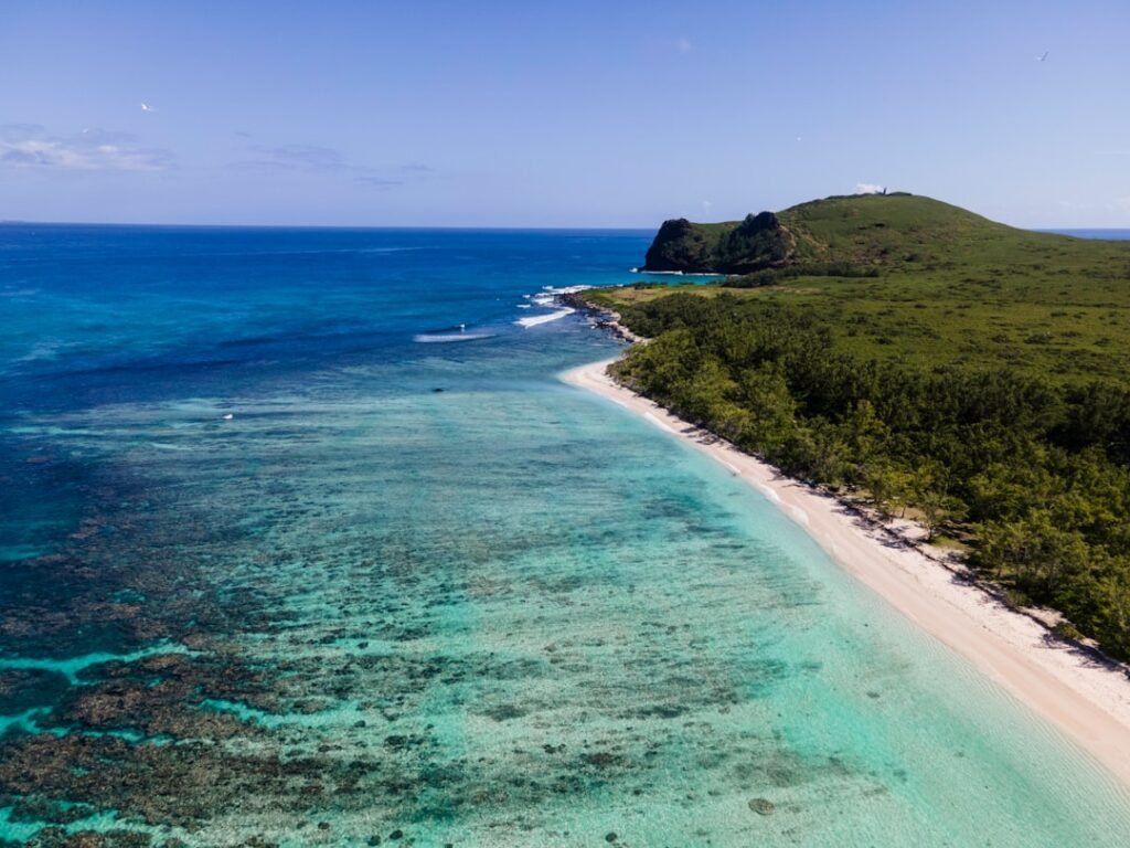 an aerial view of a beach with a boat in the water