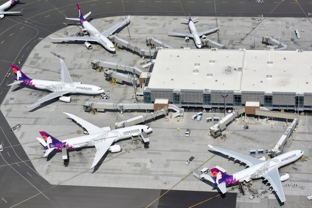 Several airplanes parked at airport gates with jet bridges attached.