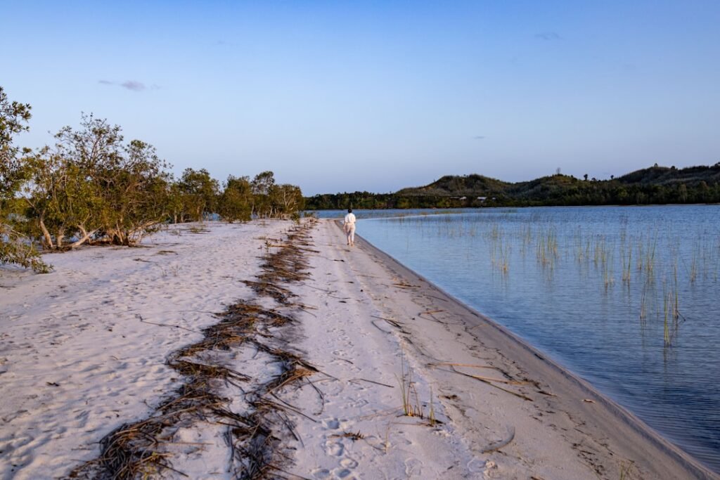 A person walks along a sandy path beside calm water.