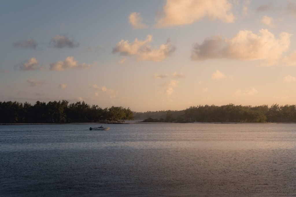 A body of water surrounded by trees and clouds