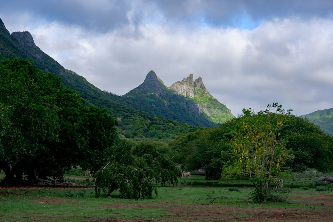 Lush green mountains under a dramatic cloudy sky