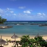 a sandy beach with umbrellas and palm trees