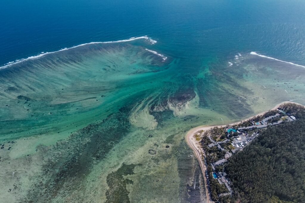 aerial view of a beach and ocean