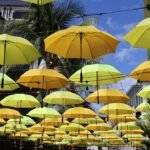 Yellow and green umbrellas hanging over a street. Mauritius weather